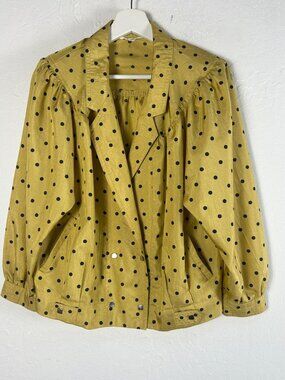 Vintage Lady Mode Womens Yellow Polka Dot Jacket Medium Retro Double Breasted